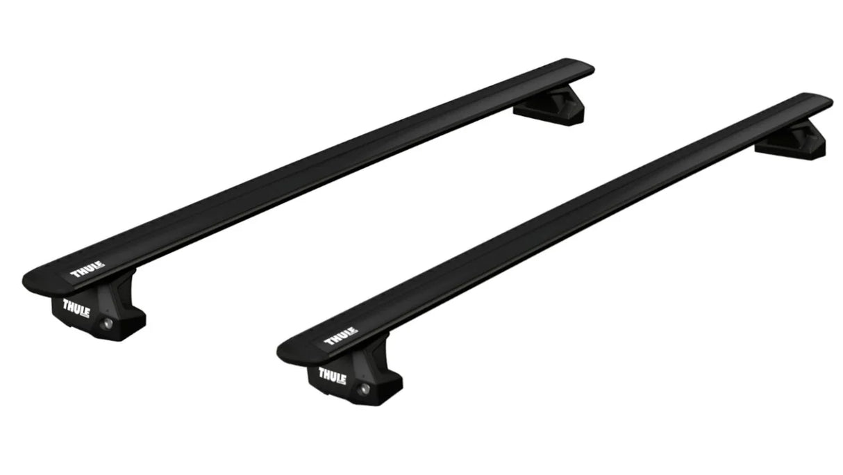 Black Thule Evo WingBar roof bars with fixpoint fixings for the SUBARU Levorg 5-dr Estate, 2014 - 2020 Roof Rack