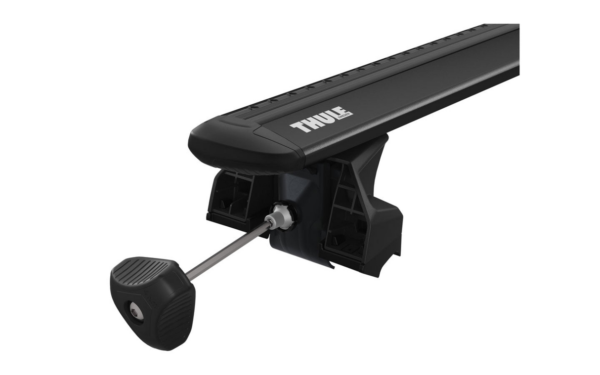 Black Thule EVO Wingbar with 7106 foot pack uses a torque limited tool for fitting to the HYUNDAI Grand Santa Fe 5-dr SUV, 2013 - 2018
