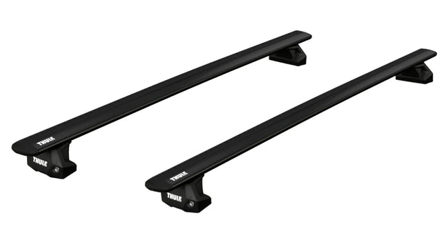 Black Thule Evo WingBar roof bars with fixpoint fixings for the ISUZU Como 5-dr Bus, 2012 on Roof Rack