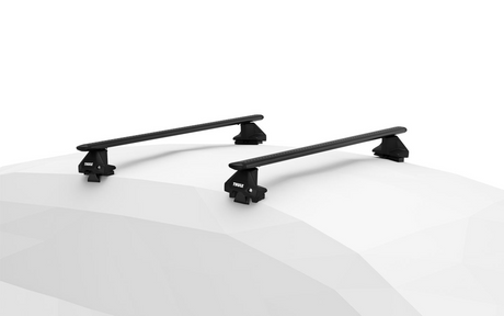 Black Thule WingBar Evo roof bars with 7104 footpack for the TOYOTA Aygo 5-dr Hatchback, 2014 - 2021 roof rack